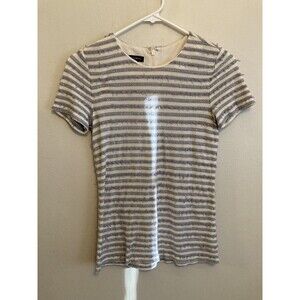 Talbots Women’s Top Holiday Gray Striped Frayed Sequin Short Sleeve Size XS